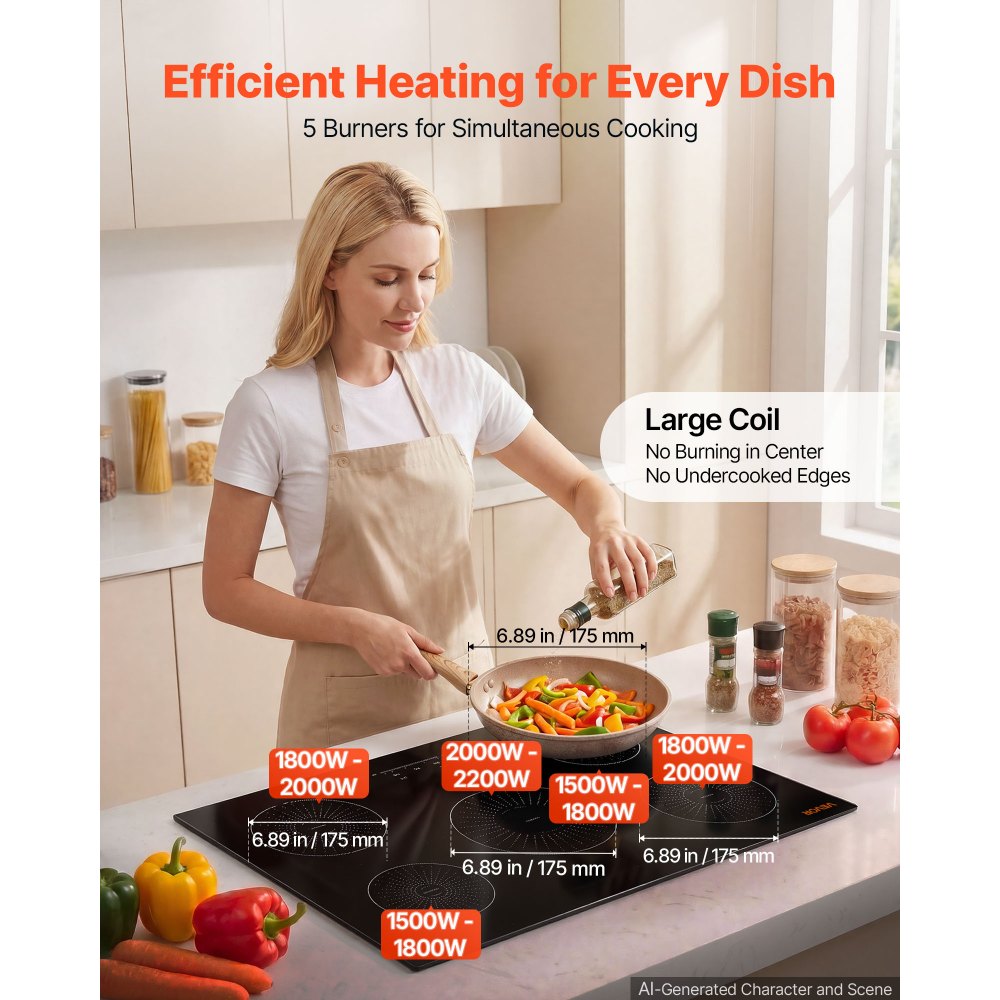 VEVOR Induction Cooktop 30in 5 Burners Built-in Electric Stove 220V 9200W, Low-Power Continuous Heating, Induction Burner for Kitchen, 9 Power Levels, LED Touch Screen, Ceramic Glass, Child Lock