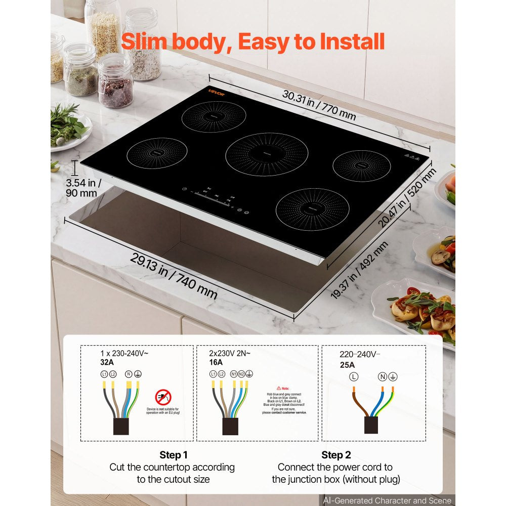 VEVOR Induction Cooktop 30in 5 Burners Built-in Electric Stove 220V 9200W, Low-Power Continuous Heating, Induction Burner for Kitchen, 9 Power Levels, LED Touch Screen, Ceramic Glass, Child Lock