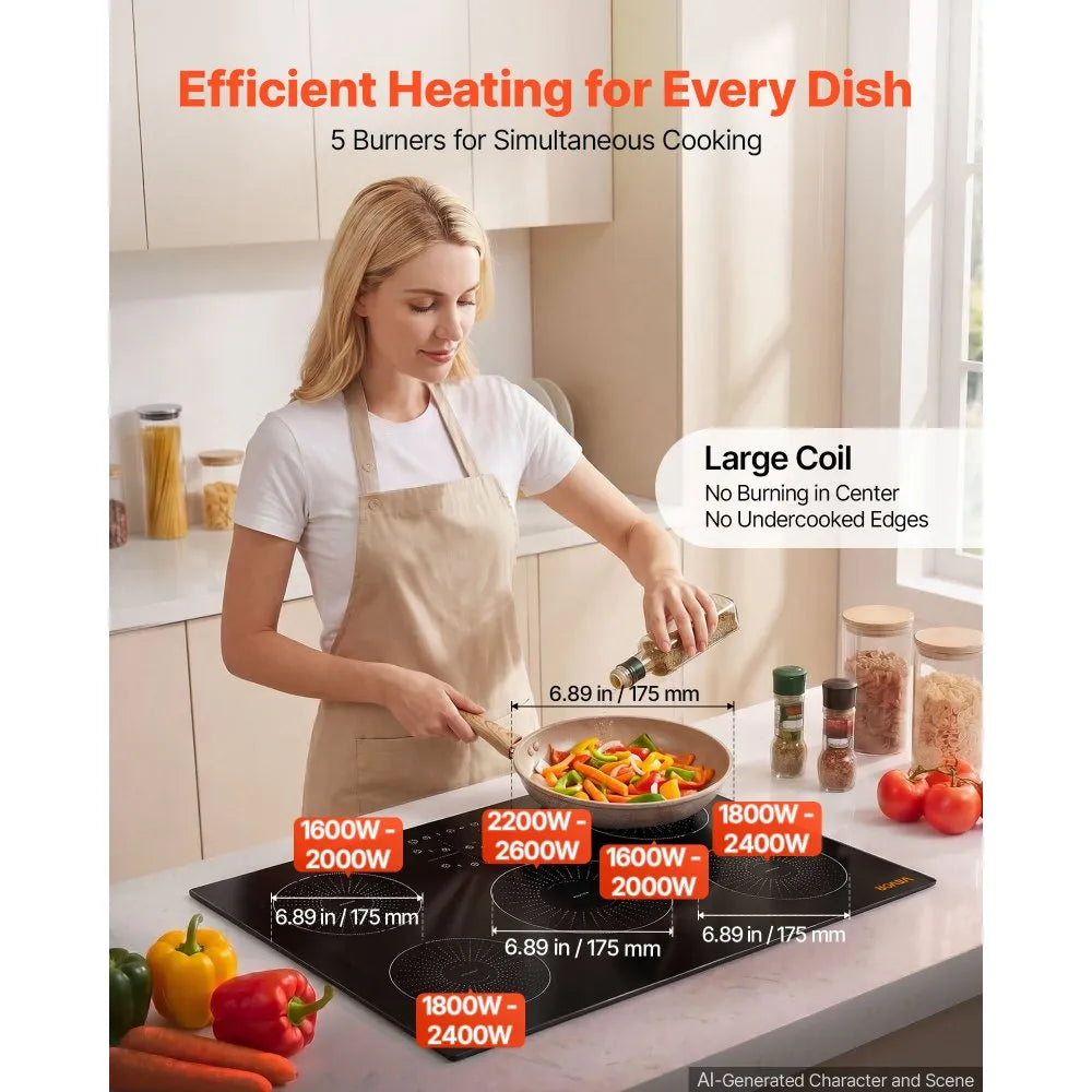 VEVOR Induction Cooktop 30in 5 Burners Built-in Electric Stove 220V 9200W, Low-Power Continuous Heating, Induction Burner for Kitchen, 9 Power Levels, LED Touch Screen, Ceramic Glass, and Child Lock