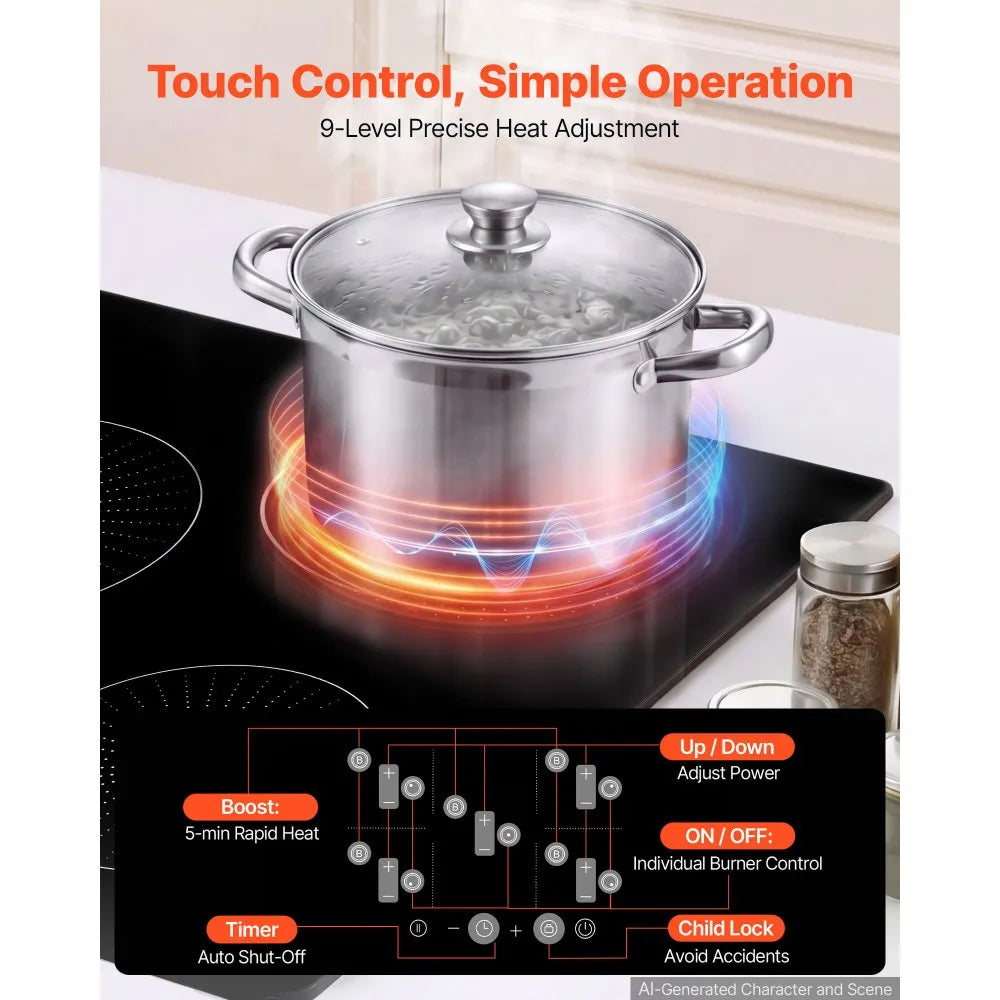 VEVOR Induction Cooktop 30in 5 Burners Built-in Electric Stove 220V 9200W, Low-Power Continuous Heating, Induction Burner for Kitchen, 9 Power Levels, LED Touch Screen, Ceramic Glass, and Child Lock
