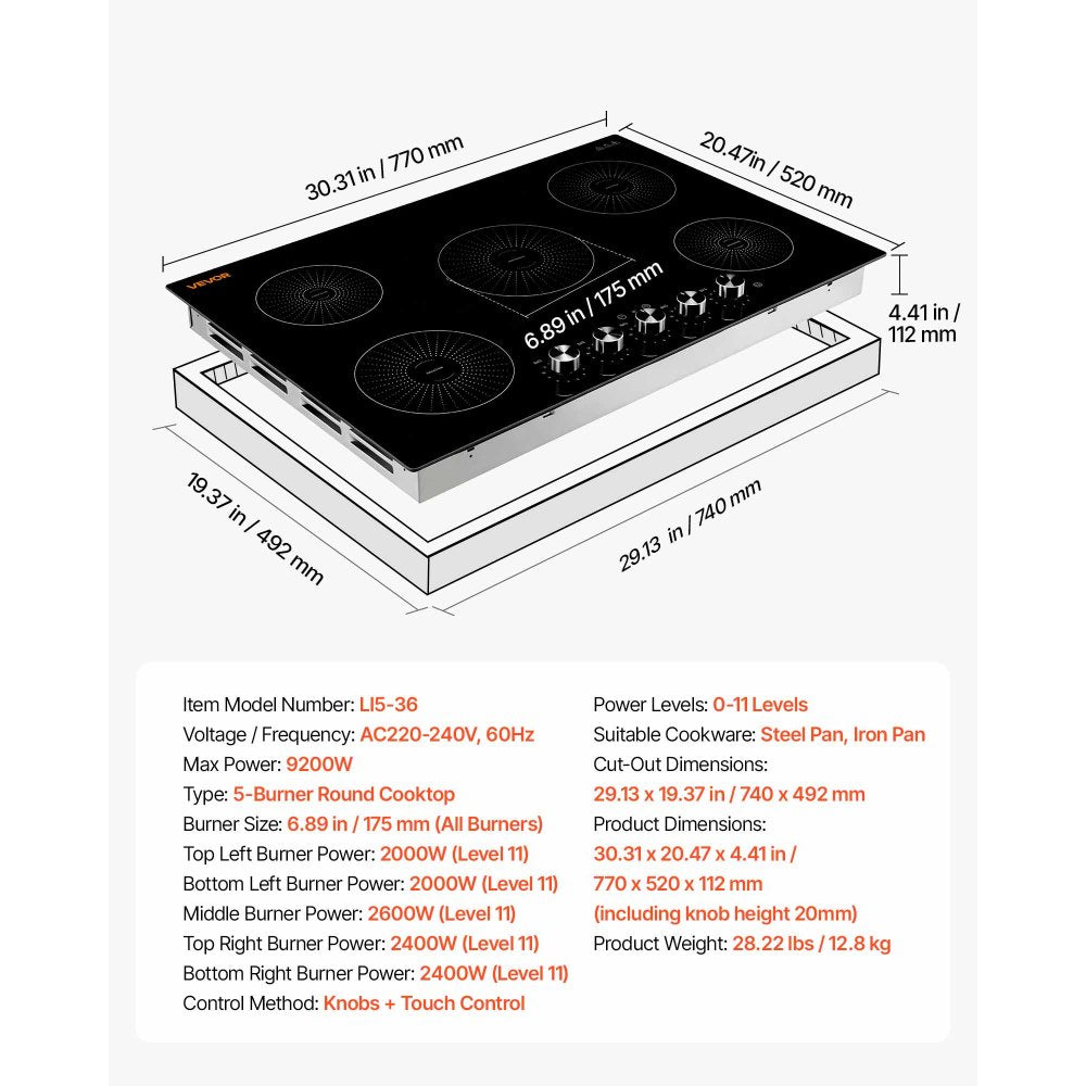 VEVOR Induction Cooktop 30in 5 Burners Built-in Electric Stove 220V 9200W, Low-Power Continuous Heating, Induction Burner for Kitchen, 11 Power Levels, Knob Control, Ceramic Glass, and Child Lock