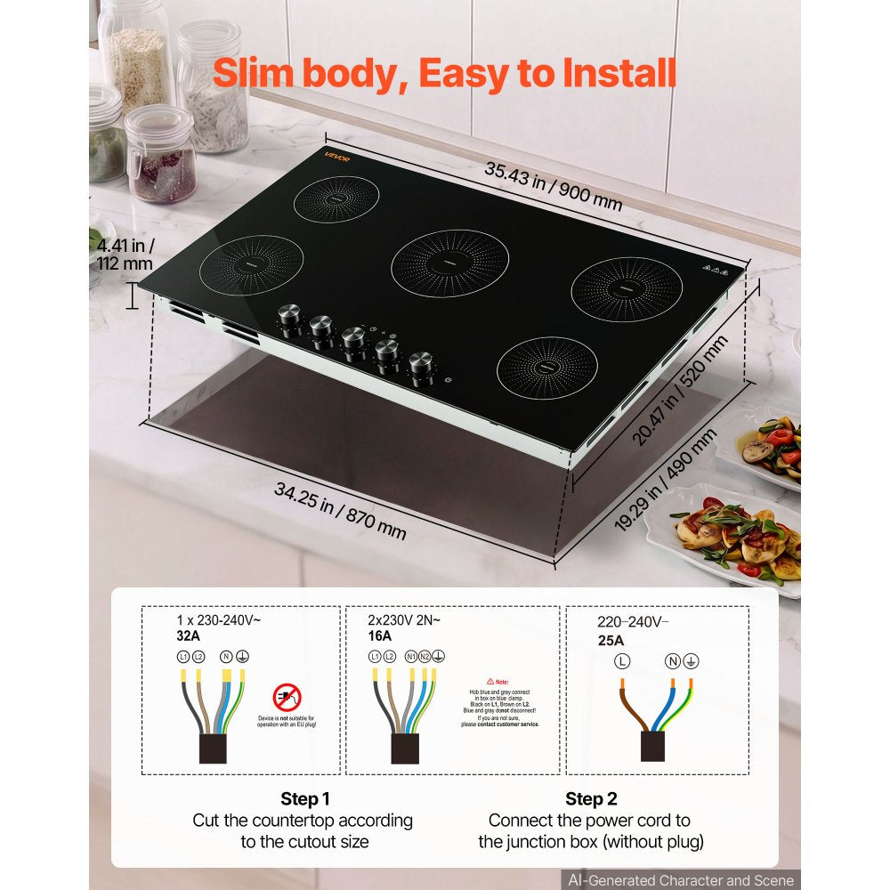 VEVOR Induction Cooktop 36inch 5 Burners Built-in Electric Stove 220V 9200W, Low-Power Continuous Heating, Induction Burner for Kitchen, with 11 Power Levels, Knob Control, and Child Lock