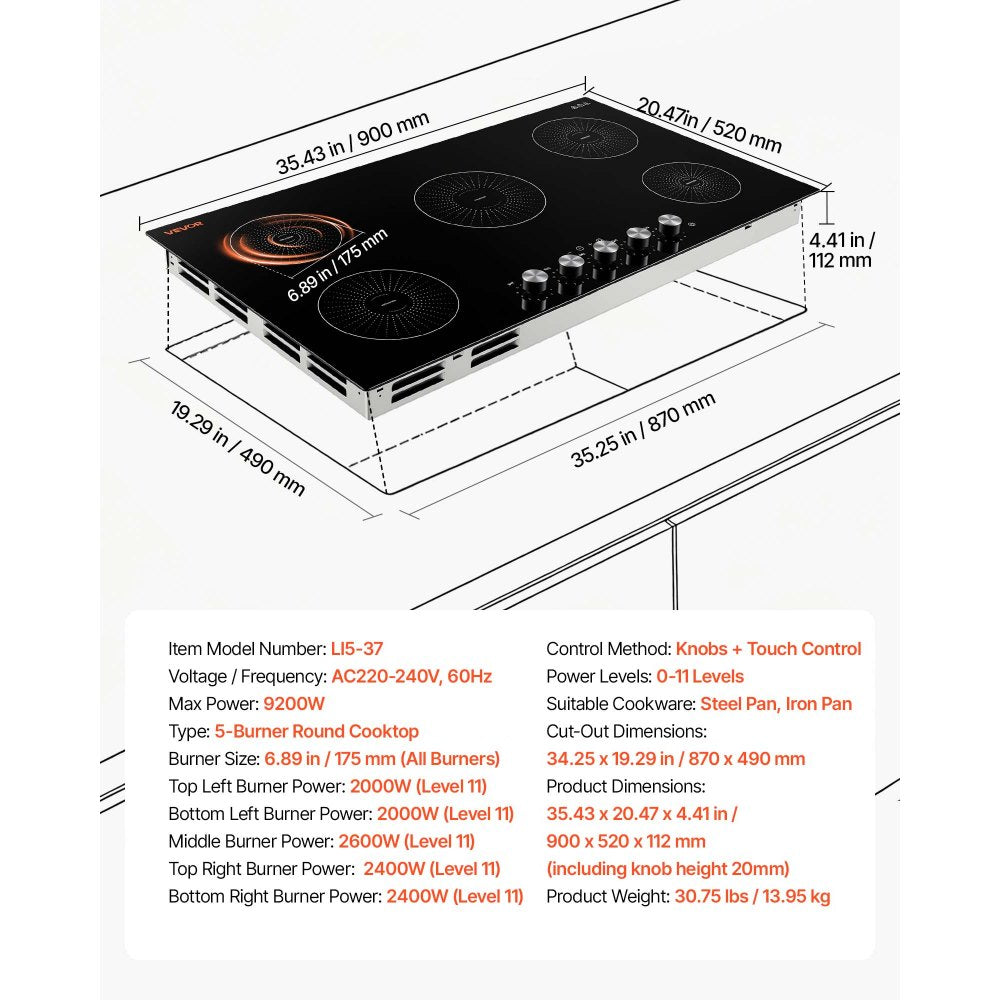 VEVOR Induction Cooktop 36inch 5 Burners Built-in Electric Stove 220V 9200W, Low-Power Continuous Heating, Induction Burner for Kitchen, with 11 Power Levels, Knob Control, and Child Lock