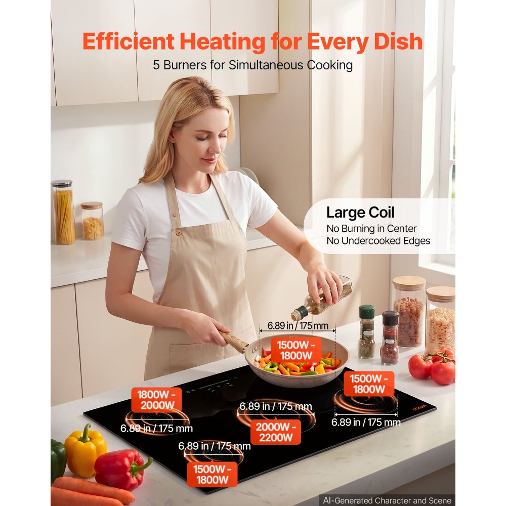 VEVOR Induction Cooktop 36inch 5 Burners Built-in Electric Stove 220V 9200W, Low-Power Continuous Heating, Induction Burner for Kitchen, with 9 Power Levels, LED Touch Screen, and Child Lock