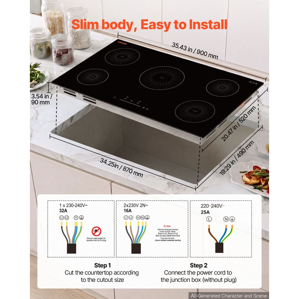 VEVOR Induction Cooktop 36inch 5 Burners Built-in Electric Stove 220V 9200W, Low-Power Continuous Heating, Induction Burner for Kitchen, with 9 Power Levels, LED Touch Screen, and Child Lock