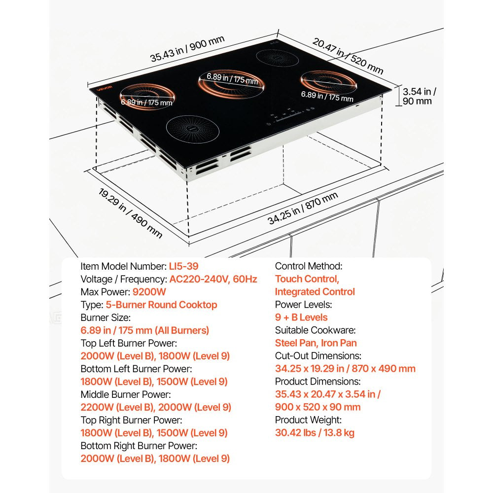 VEVOR Induction Cooktop 36inch 5 Burners Built-in Electric Stove 220V 9200W, Low-Power Continuous Heating, Induction Burner for Kitchen, with 9 Power Levels, LED Touch Screen, and Child Lock