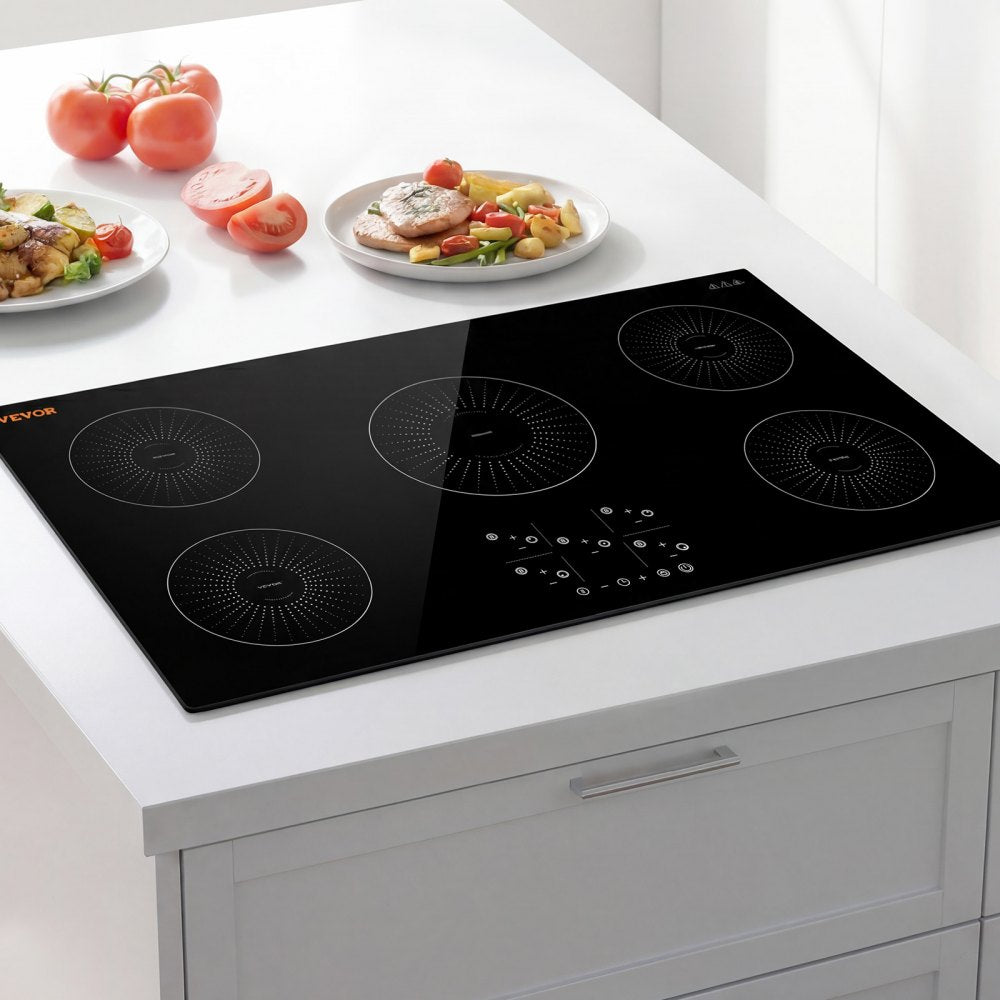 VEVOR Induction Cooktop 36in 5 Burners Built-in Electric Stove 220V 9200W, Low-Power Continuous Heating, Induction Burner for Kitchen, 9 Power Levels, LED Touch Screen, Ceramic Glass, and Child Lock
