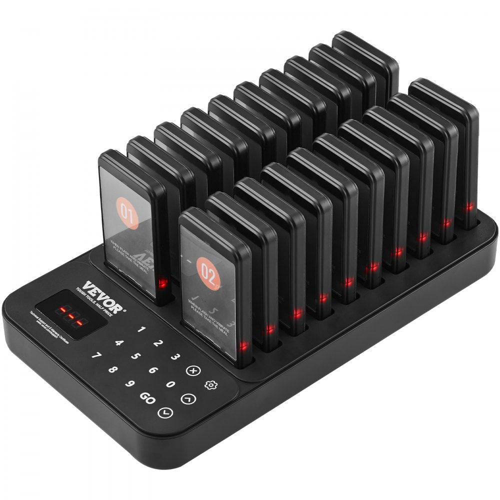 VEVOR Restaurant Pager System, Wireless 400m Long Range Lineup Waiting Queue Signal, Guest Customer Calling Beepers with Vibration & Flashing, 20 Buzzers for Food Truck, Church, Nursery, Hospital