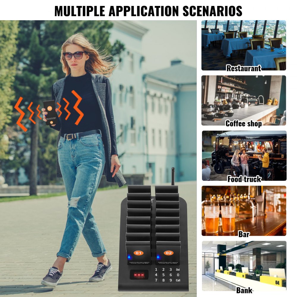 VEVOR Restaurant Pager System, Wireless 500m Long Range Lineup Waiting Queue Signal, Guest Customer Calling Beepers with Vibration & Flashing, 16 Buzzers for Food Truck, Church, Nursery, Hospital