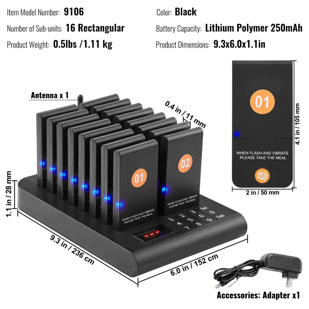 VEVOR Restaurant Pager System, Wireless 500m Long Range Lineup Waiting Queue Signal, Guest Customer Calling Beepers with Vibration & Flashing, 16 Buzzers for Food Truck, Church, Nursery, Hospital