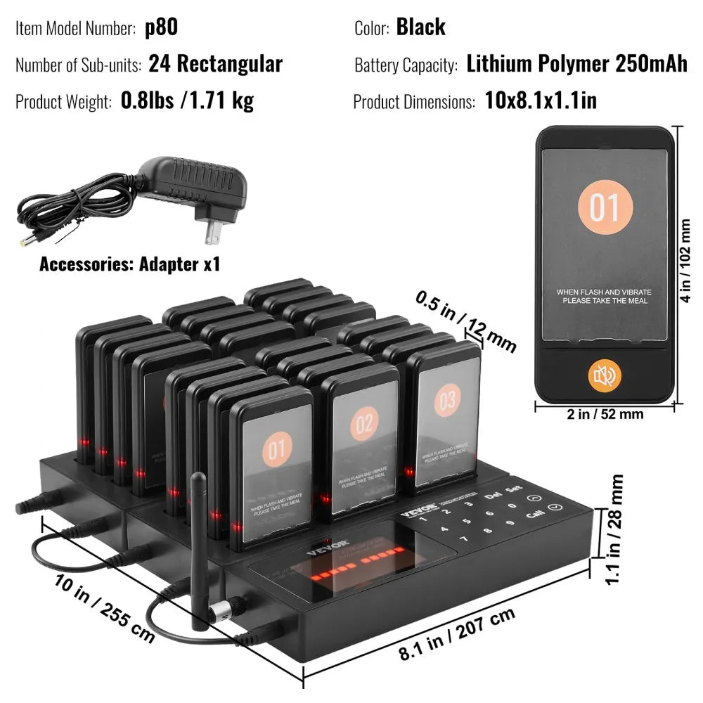 VEVOR Restaurant Pager System, Wireless 400m Long Range Lineup Waiting Queue Signal, Guest Customer Calling Beepers with Vibration & Flashing, 24 Buzzers for Food Truck, Church, Nursery, Hospital