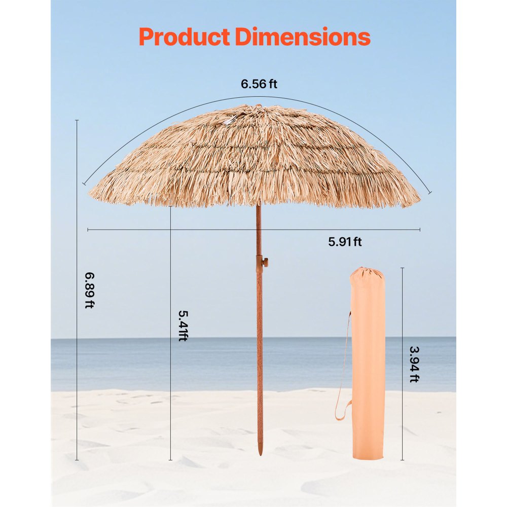 VEVOR Tiki Umbrella, 6.5 ft Thatched Patio Umbrella with Tilt, Hawaiian Style Beach Parasol with Durable PP Thatch and 8 Metal Ribs, Grass Pool Umbrellas for Beach, Patio, Poolside, Backyard & Garden
