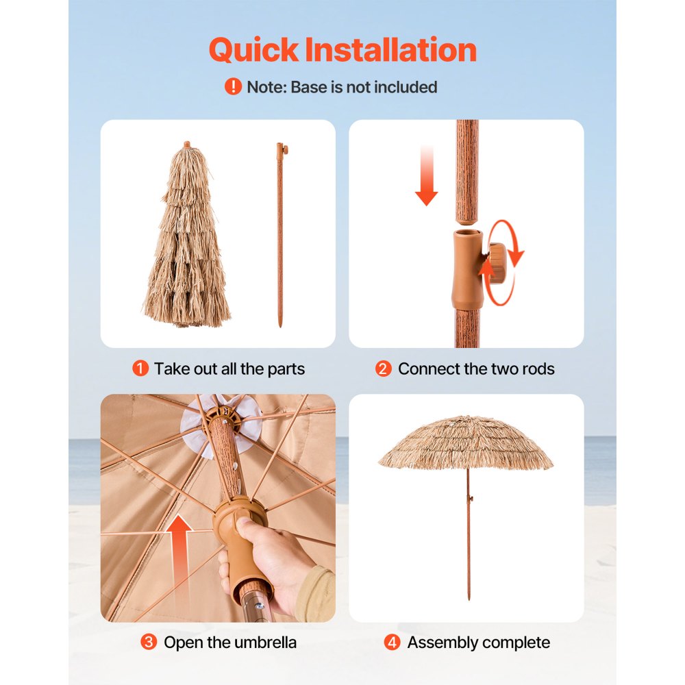 VEVOR Tiki Umbrella, 6.5 ft Thatched Patio Umbrella with Tilt, Hawaiian Style Beach Parasol with Durable PP Thatch and 8 Metal Ribs, Grass Pool Umbrellas for Beach, Patio, Poolside, Backyard & Garden