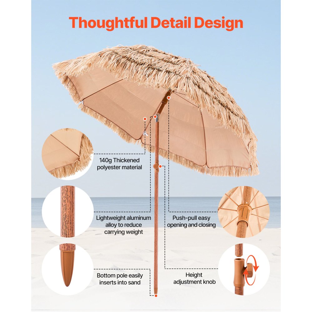 VEVOR Tiki Umbrella, 6.5 ft Thatched Patio Umbrella with Tilt, Hawaiian Style Beach Parasol with Durable PP Thatch and 8 Metal Ribs, Grass Pool Umbrellas for Beach, Patio, Poolside, Backyard & Garden