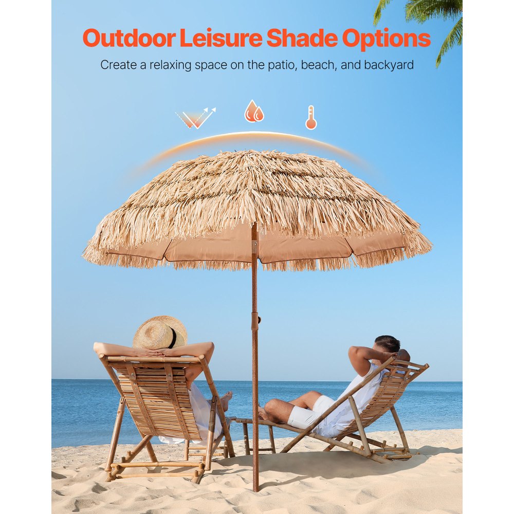 VEVOR Tiki Umbrella, 6 ft Thatched Patio Umbrella with Tilt, Hawaiian Style Beach Parasol with Durable PP Thatch and 8 Metal Ribs, Grass Pool Umbrellas for Beach, Patio, Poolside, Backyard & Garden
