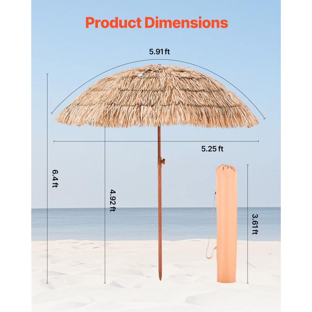 VEVOR Tiki Umbrella, 6 ft Thatched Patio Umbrella with Tilt, Hawaiian Style Beach Parasol with Durable PP Thatch and 8 Metal Ribs, Grass Pool Umbrellas for Beach, Patio, Poolside, Backyard & Garden