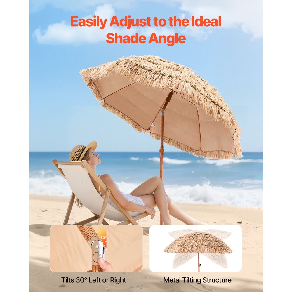 VEVOR Tiki Umbrella, 6 ft Thatched Patio Umbrella with Tilt, Hawaiian Style Beach Parasol with Durable PP Thatch and 8 Metal Ribs, Grass Pool Umbrellas for Beach, Patio, Poolside, Backyard & Garden