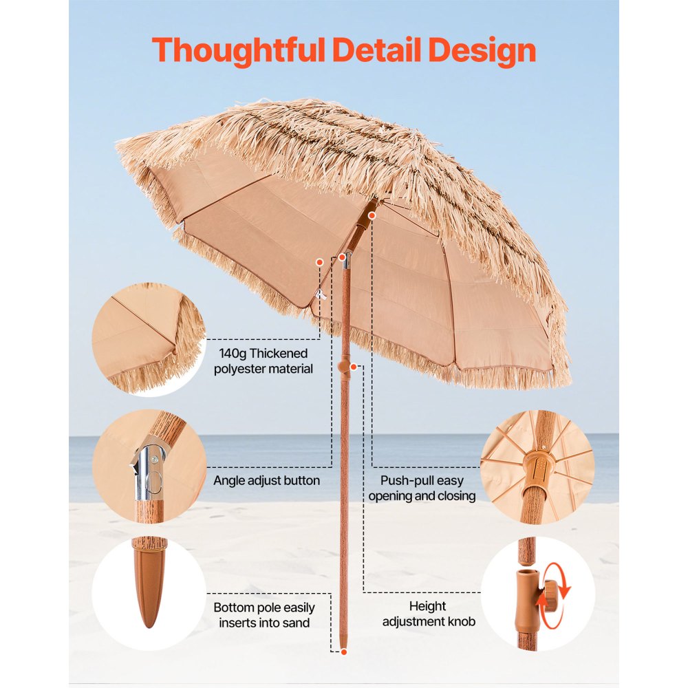 VEVOR Tiki Umbrella, 6 ft Thatched Patio Umbrella with Tilt, Hawaiian Style Beach Parasol with Durable PP Thatch and 8 Metal Ribs, Grass Pool Umbrellas for Beach, Patio, Poolside, Backyard & Garden