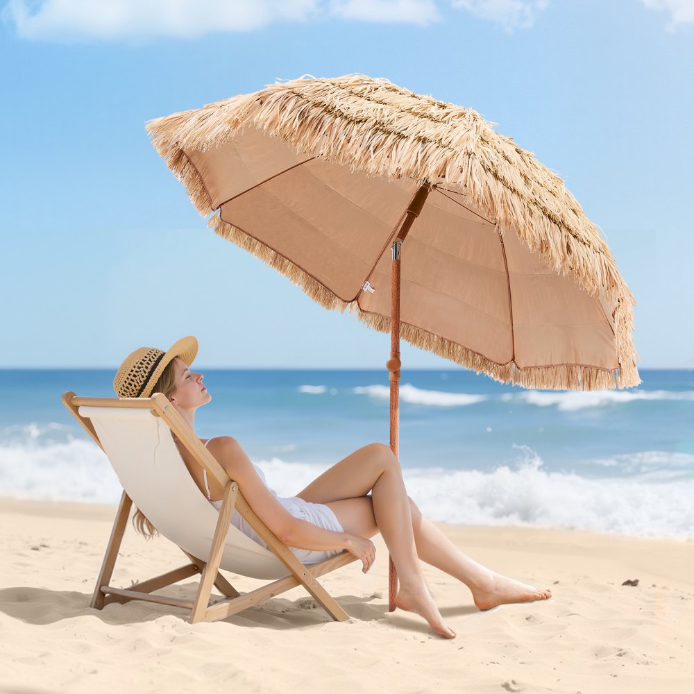 VEVOR Tiki Umbrella, 6 ft Thatched Patio Umbrella with Tilt, Hawaiian Style Beach Parasol with Durable PP Thatch and 8 Metal Ribs, Grass Pool Umbrellas for Beach, Patio, Poolside, Backyard & Garden