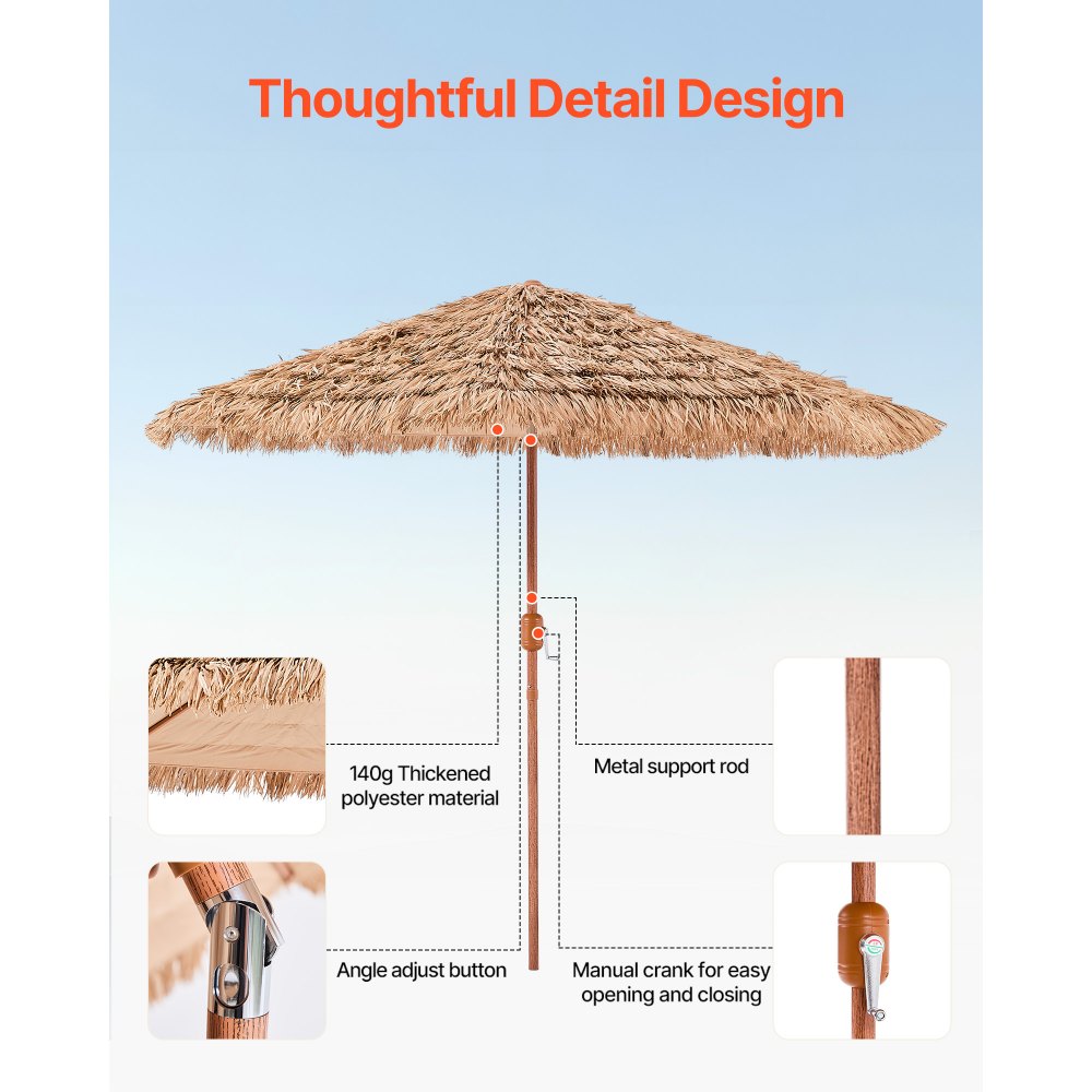 VEVOR Tiki Umbrella, 9 ft Thatched Patio Umbrella with Tilt, Hawaiian Style Beach Parasol with Durable PP Thatch and 8 Metal Ribs, Grass Pool Umbrellas for Beach, Patio, Poolside, Backyard & Garden