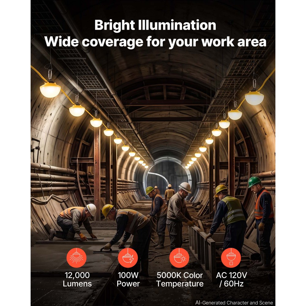 VEVOR Construction String Lights 100FT 100W 10 Bulbs LED String Work Lights, IP65 Waterproof Linkable LED Temporary Jobsite Lighting, 5000K 12000LM, for Construction Site Crawlspace Renovation, 2 Pack