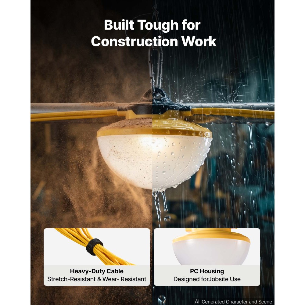 VEVOR Construction String Lights 100FT 100W 10 Bulbs LED String Work Lights, IP65 Waterproof Linkable LED Temporary Jobsite Lighting, 5000K 12000LM, for Construction Site Crawlspace Renovation, 2 Pack