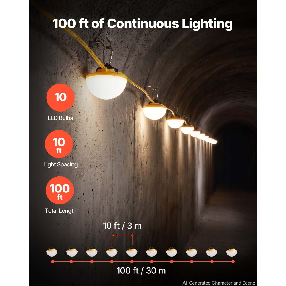 VEVOR Construction String Lights 100FT 100W 10 Bulbs LED String Work Lights, IP65 Waterproof Linkable LED Temporary Jobsite Lighting, 5000K 12000LM, for Construction Site Crawlspace Renovation, 2 Pack