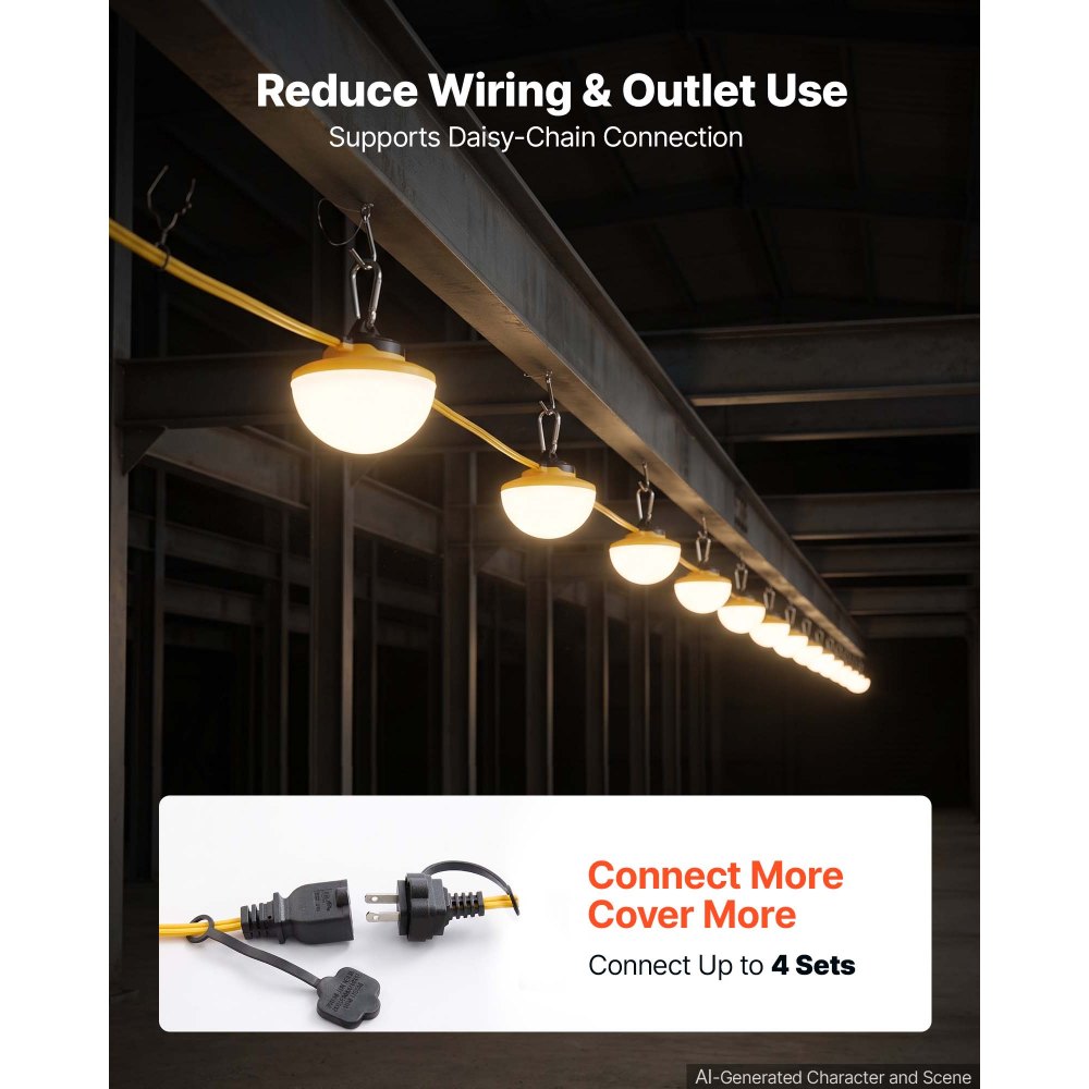 VEVOR Construction String Lights 100FT 100W 10 Bulbs LED String Work Lights, IP65 Waterproof Linkable LED Temporary Jobsite Lighting, 5000K 12000LM, for Construction Site Crawlspace Renovation, 2 Pack