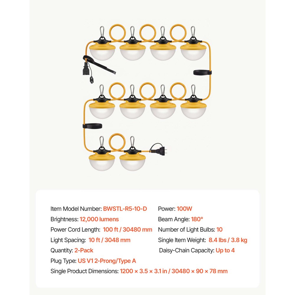 VEVOR Construction String Lights 100FT 100W 10 Bulbs LED String Work Lights, IP65 Waterproof Linkable LED Temporary Jobsite Lighting, 5000K 12000LM, for Construction Site Crawlspace Renovation, 2 Pack