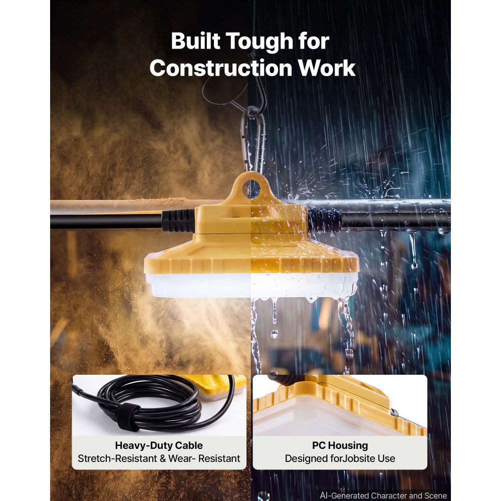 VEVOR Construction String Lights 100FT 150W 10 Bulbs LED String Work Lights, IP65 Waterproof Linkable LED Temporary Jobsite Lighting, 5000K 18000LM, for Construction Site Crawlspace Renovation, 2 Pack