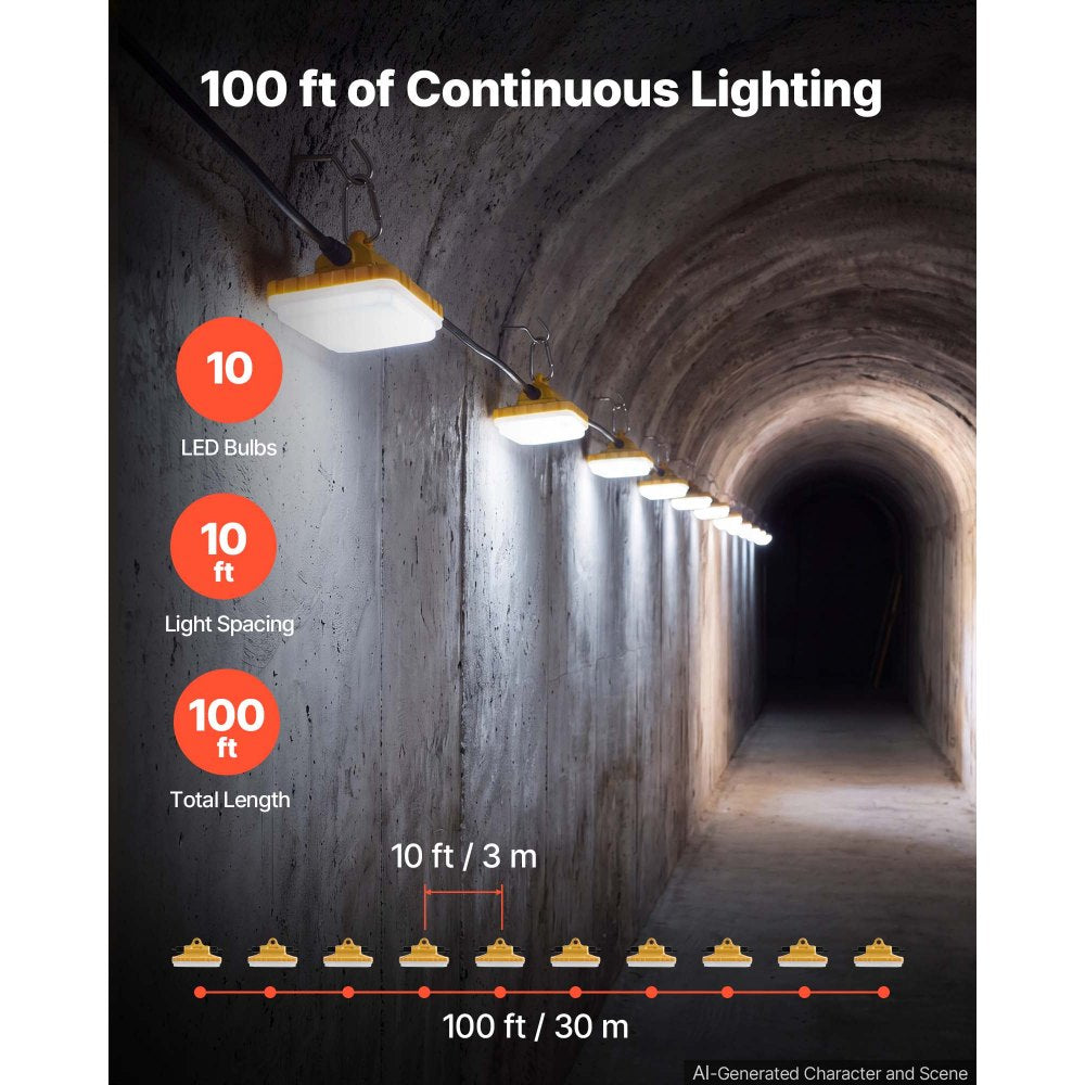 VEVOR Construction String Lights 100FT 150W 10 Bulbs LED String Work Lights, IP65 Waterproof Linkable LED Temporary Jobsite Lighting, 5000K 18000LM, for Construction Site Crawlspace Renovation, 2 Pack