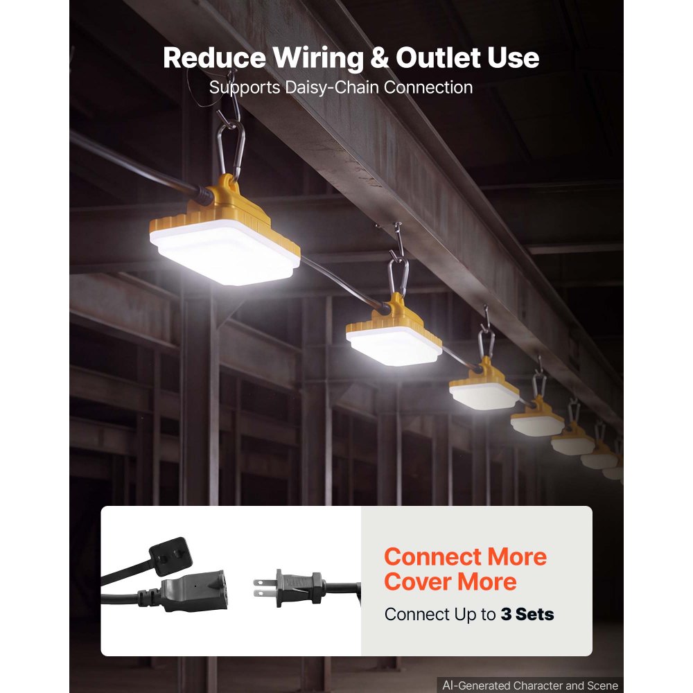 VEVOR Construction String Lights 100FT 150W 10 Bulbs LED String Work Lights, IP65 Waterproof Linkable LED Temporary Jobsite Lighting, 5000K 18000LM, for Construction Site Crawlspace Renovation, 2 Pack