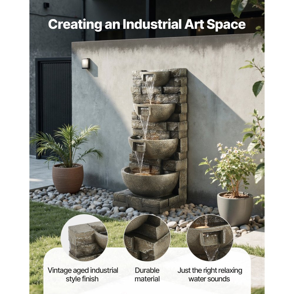 VEVOR Outdoor Water Fountain, 35.63 in Height Fountain and Waterfall, 4-Tier Floor Standing Cascading Fountains with LED Light and Pump, Block Stack Style, for Outdoor Indoor Garden, Patio & Backyard