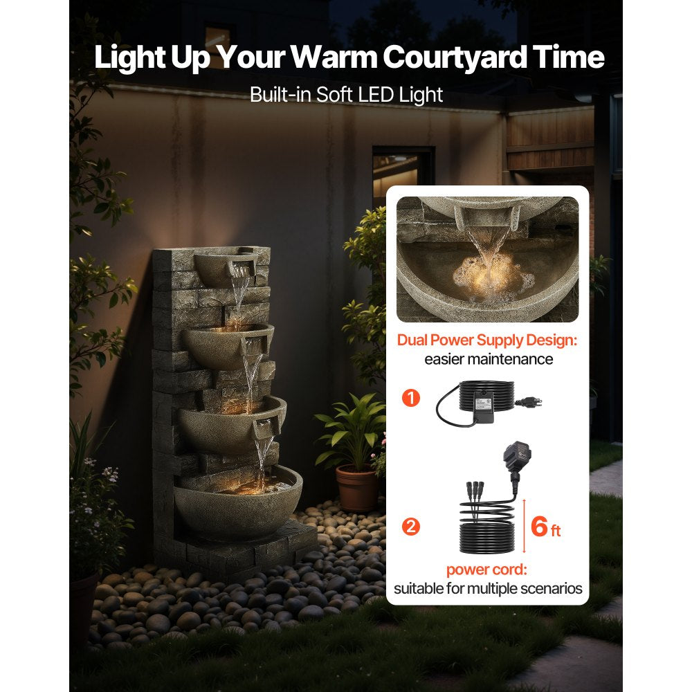 VEVOR Outdoor Water Fountain, 35.63 in Height Fountain and Waterfall, 4-Tier Floor Standing Cascading Fountains with LED Light and Pump, Block Stack Style, for Outdoor Indoor Garden, Patio & Backyard