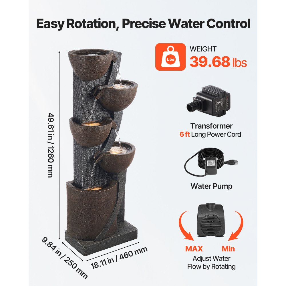 VEVOR outdoor water fountain - dimensions, weight, transformer and pump infographic