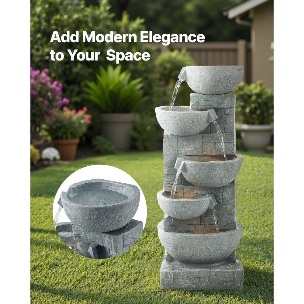 VEVOR Outdoor Water Fountain, 31.5 in Height Fountain and Waterfall, 5-Tier Floor Standing Bowl-Shaped Cascading Fountains with LED Light and Pump, for Outdoor Indoor Garden, Home, Patio & Backyard
