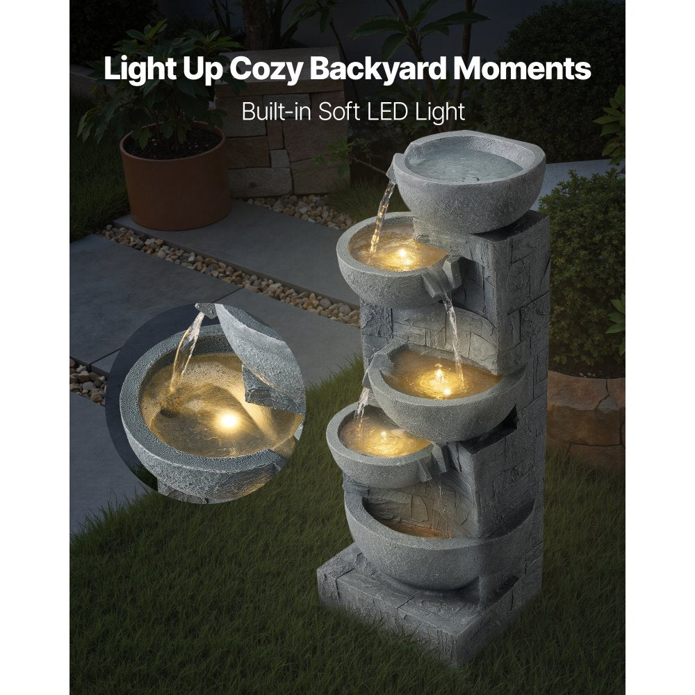 VEVOR Outdoor Water Fountain, 31.5 in Height Fountain and Waterfall, 5-Tier Floor Standing Bowl-Shaped Cascading Fountains with LED Light and Pump, for Outdoor Indoor Garden, Home, Patio & Backyard