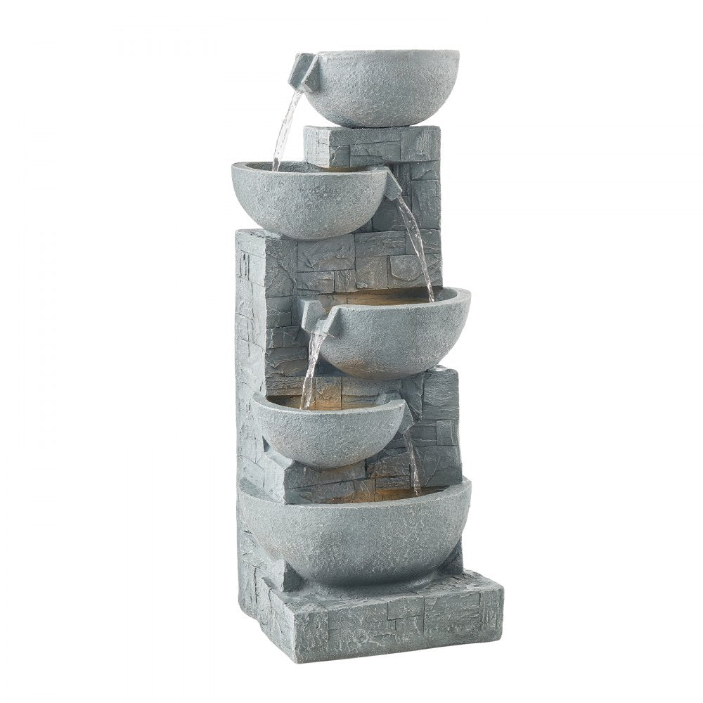 VEVOR Outdoor Water Fountain, 31.5 in Height Fountain and Waterfall, 5-Tier Floor Standing Bowl-Shaped Cascading Fountains with LED Light and Pump, for Outdoor Indoor Garden, Home, Patio & Backyard