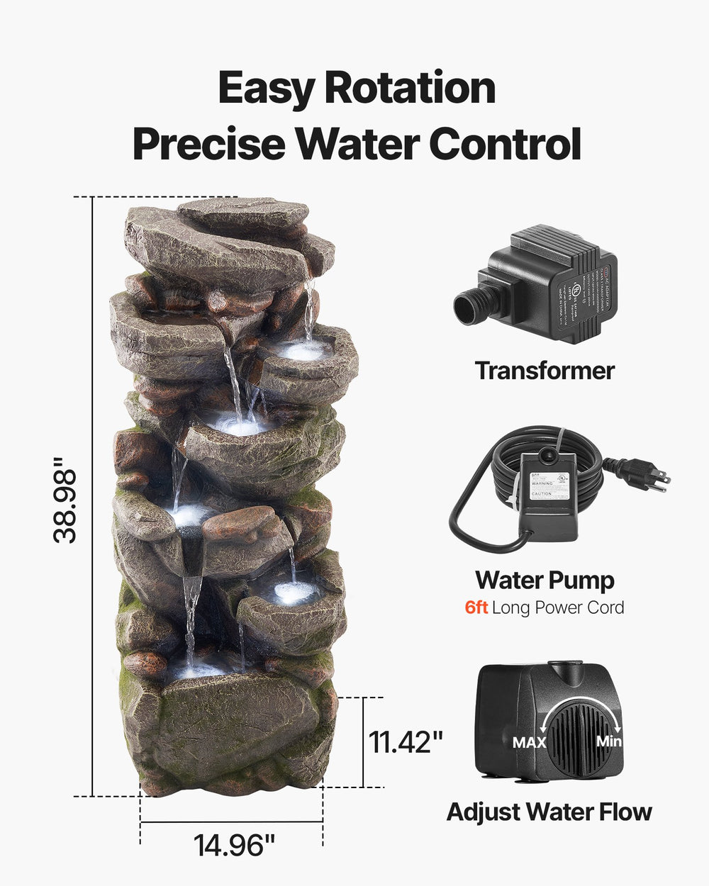 VEVOR outdoor water fountain - dimensions and included pump/transformer graphic