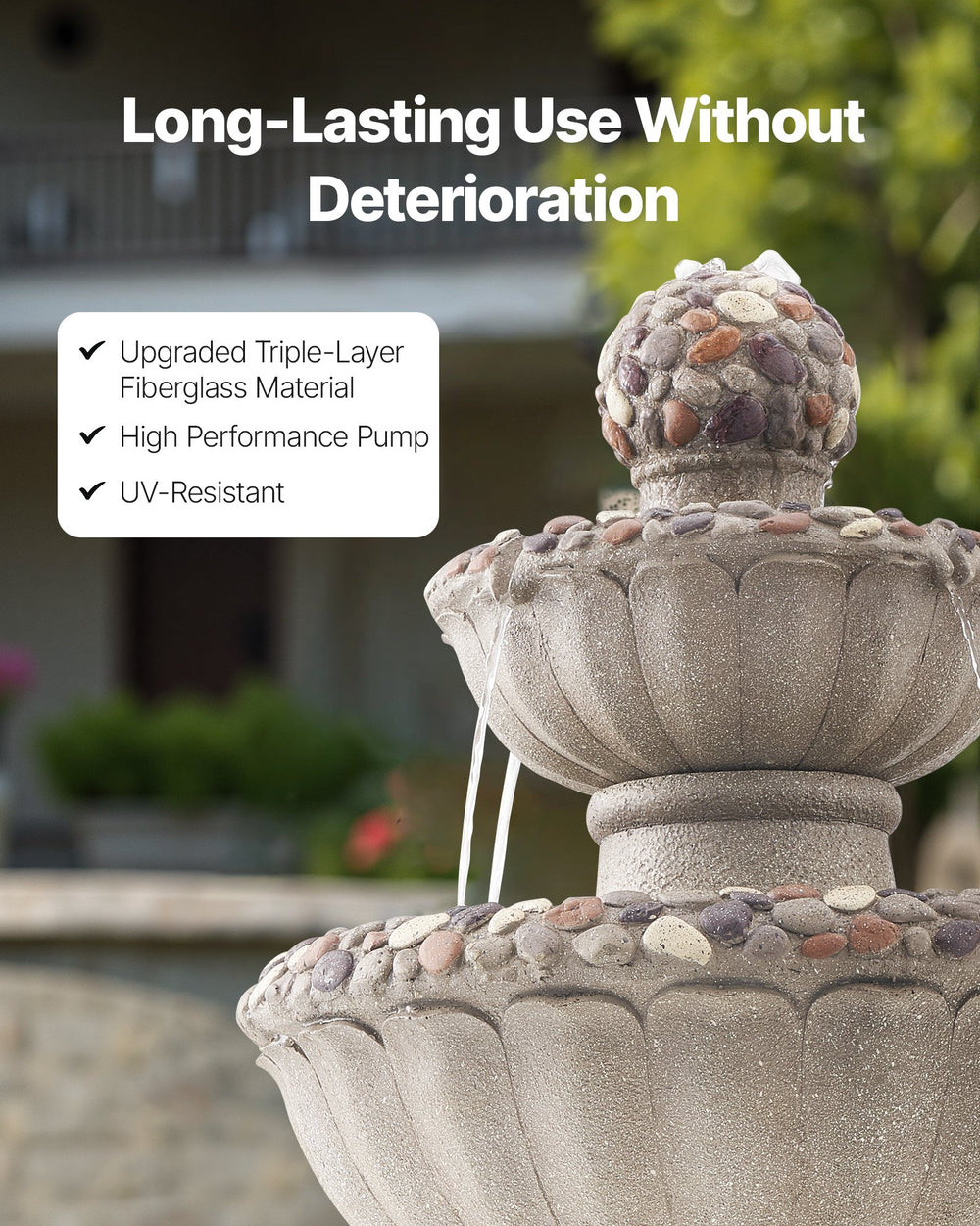 VEVOR Outdoor Water Fountain lifestyle image - close-up durability callouts