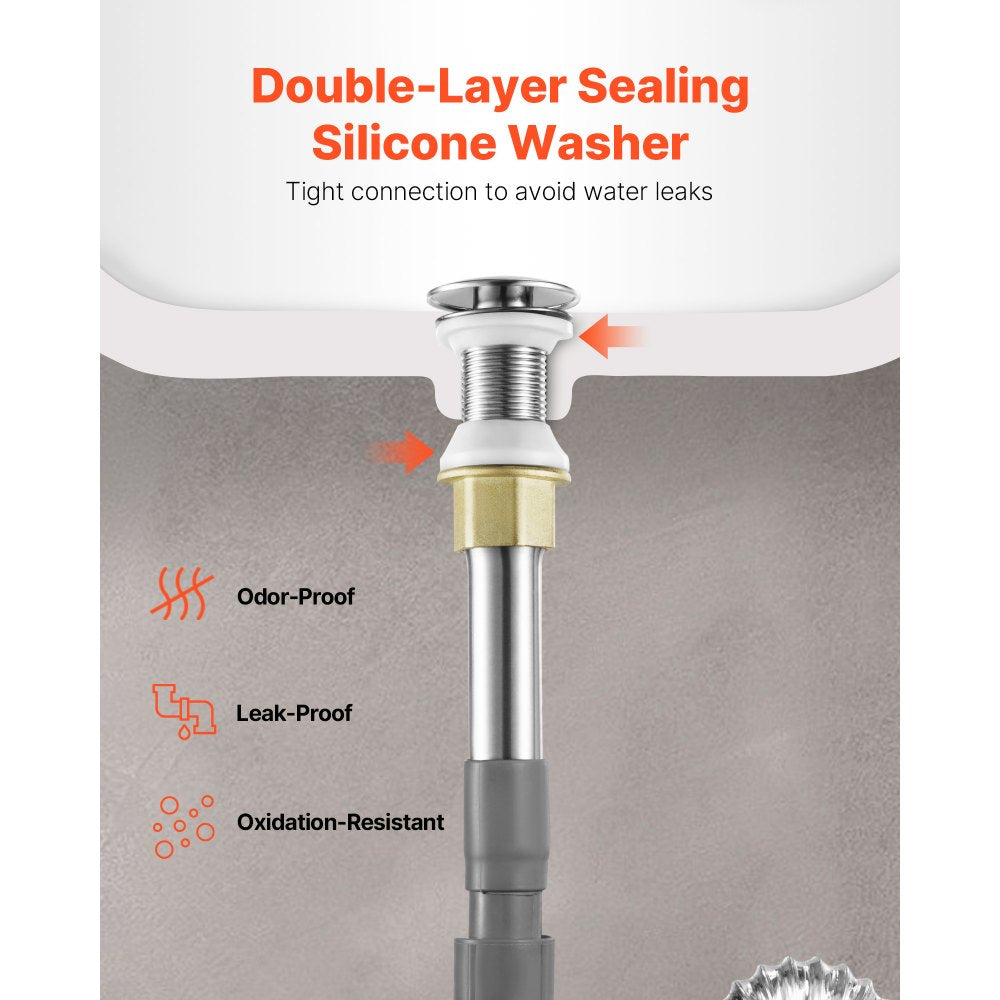 VEVOR Bathroom Sink Drain Without Overflow, Brass and 304 Stainless Steel Pop Up Drains, Anti-Clogging Vessel Drain Strainer, All Metal Hair Catcher Drains Stopper, for Sinks Without Overflow Holes