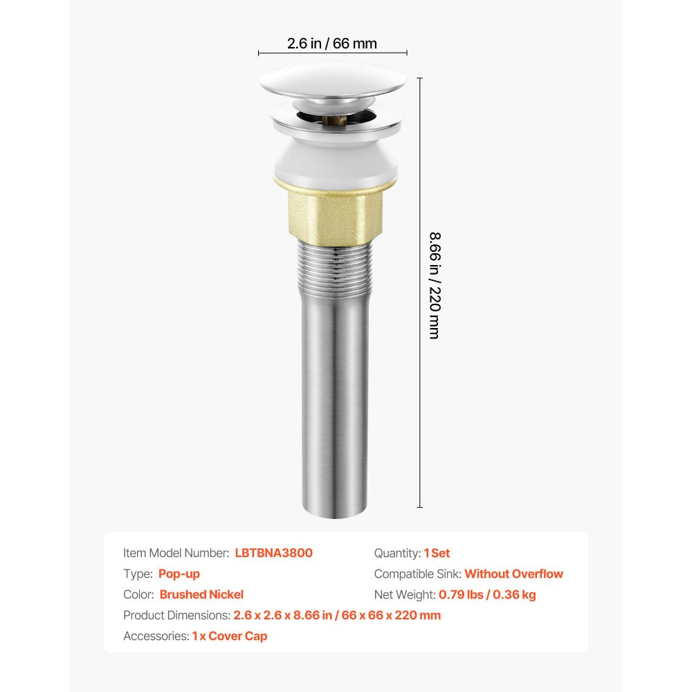 VEVOR Bathroom Sink Drain Without Overflow, Brass and 304 Stainless Steel Pop Up Drains, Anti-Clogging Vessel Drain Strainer, All Metal Hair Catcher Drains Stopper, for Sinks Without Overflow Holes