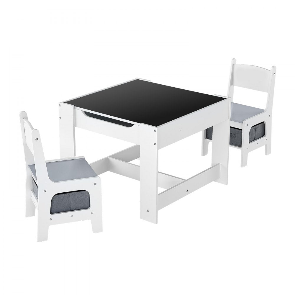 VEVOR Kids Table and 2 Chairs Set, Toddler Table and Chair Set with Storage Space under the Table, Cloth Storage Box under the Chairs, Wooden Desk for Art, Craft, Reading, Learning, Drawing, White