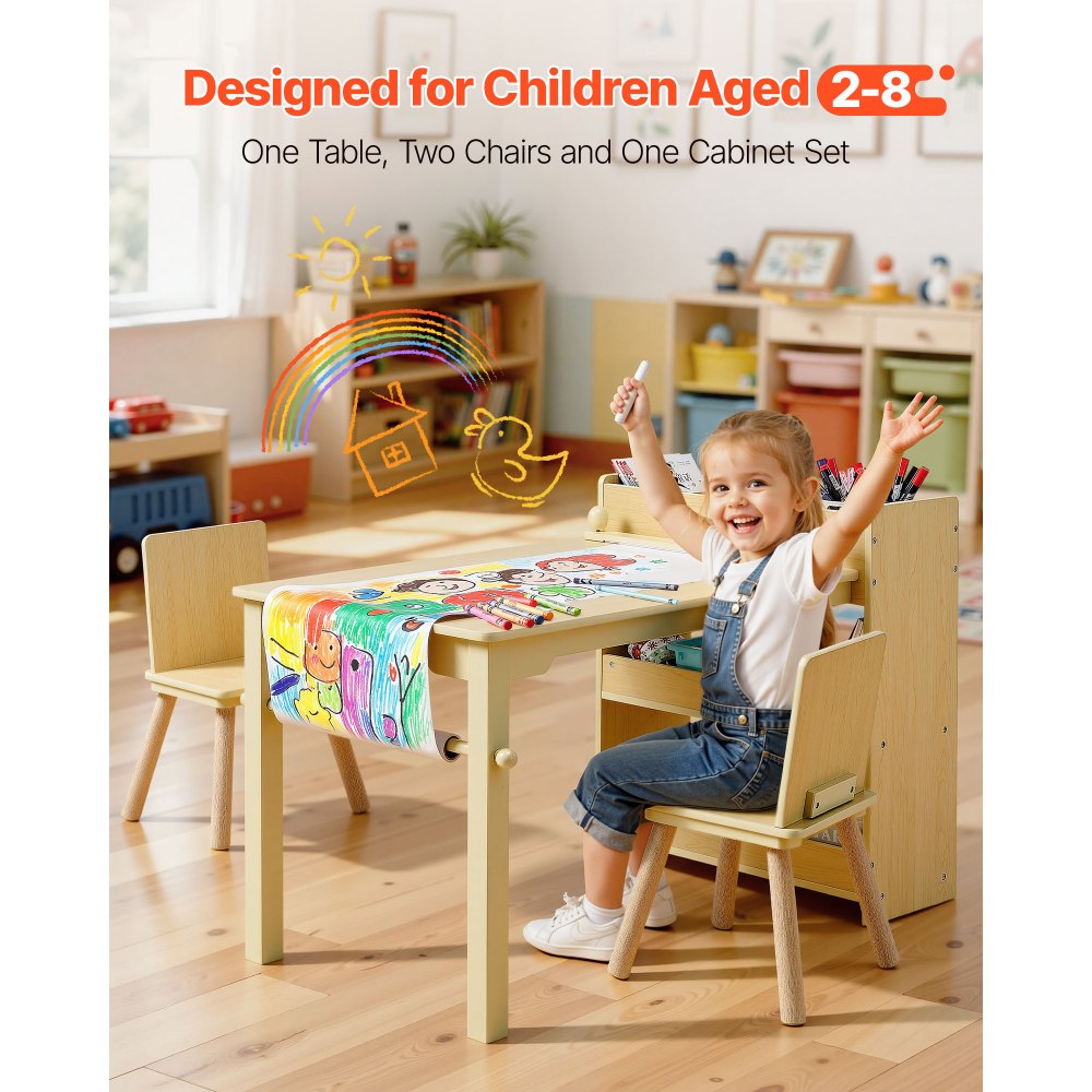 VEVOR Kids Art Table and Chair Set, Toddler Craft Table with 3 Tiers Storage Cabinet, Wooden Kids Activity Play Desk with 2 Chairs, Craft Play Desk for Reading, Learning, Drawing, Writing, Light Wood