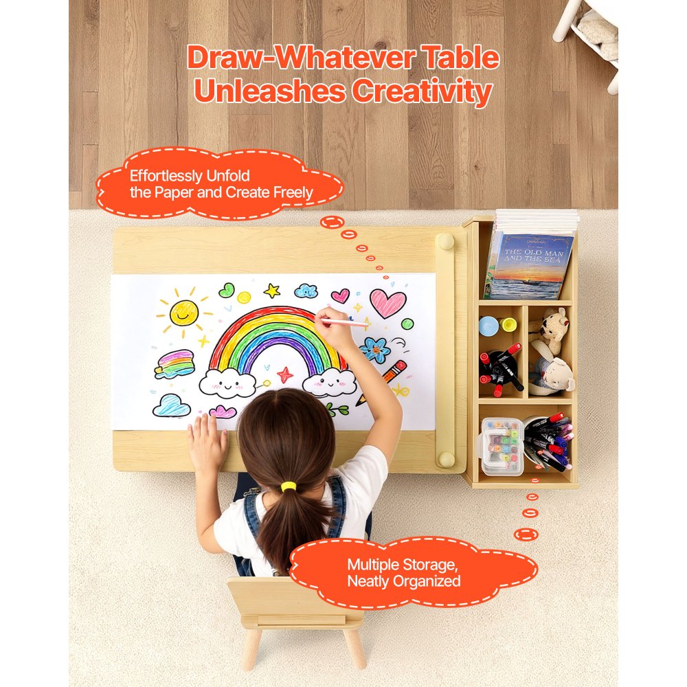VEVOR Kids Art Table and Chair Set, Toddler Craft Table with 3 Tiers Storage Cabinet, Wooden Kids Activity Play Desk with 2 Chairs, Craft Play Desk for Reading, Learning, Drawing, Writing, Light Wood