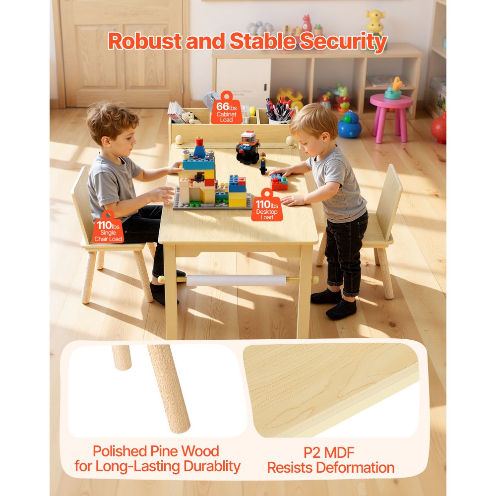 VEVOR Kids Art Table and Chair Set, Toddler Craft Table with 3 Tiers Storage Cabinet, Wooden Kids Activity Play Desk with 2 Chairs, Craft Play Desk for Reading, Learning, Drawing, Writing, Light Wood