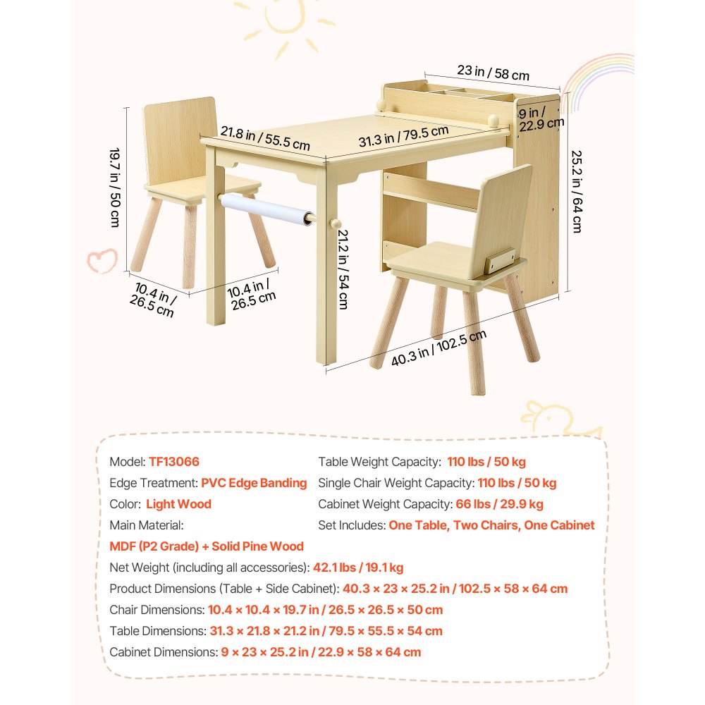 VEVOR Kids Art Table and Chair Set, Toddler Craft Table with 3 Tiers Storage Cabinet, Wooden Kids Activity Play Desk with 2 Chairs, Craft Play Desk for Reading, Learning, Drawing, Writing, Light Wood