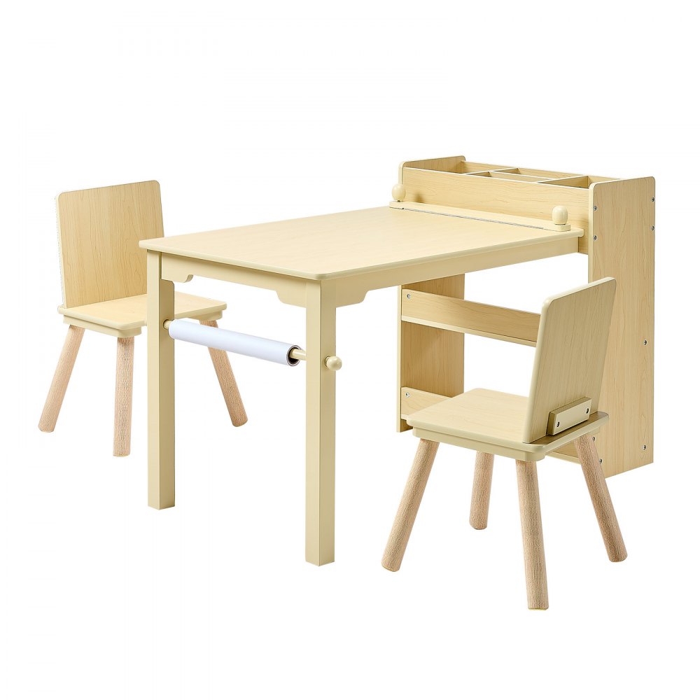 VEVOR Kids Art Table and Chair Set, Toddler Craft Table with 3 Tiers Storage Cabinet, Wooden Kids Activity Play Desk with 2 Chairs, Craft Play Desk for Reading, Learning, Drawing, Writing, Light Wood