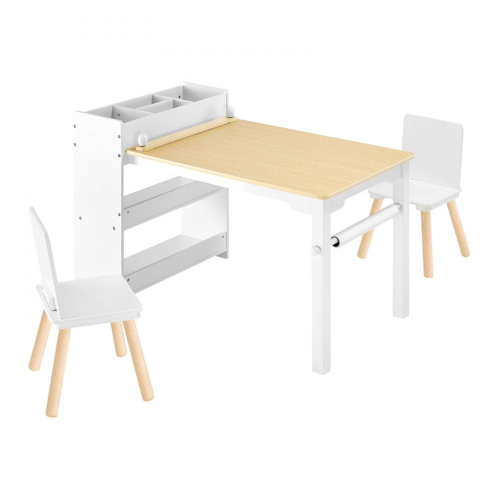 VEVOR Kids Art Table and Chair Set, Toddler Craft Table with 3 Tiers Storage Cabinet, Wooden Kids Activity Play Desk with 2 Chairs, Art Craft Play Desk for Reading, Learning, Drawing, Writing, White