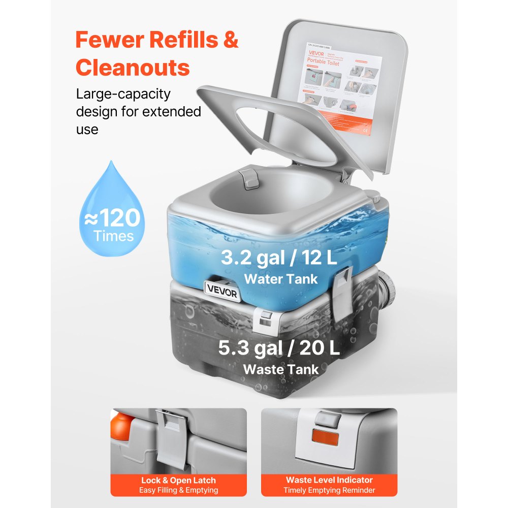 VEVOR Portable Toilet, 5.3 Gallon Detachable Waste Tank, 120 Flushes, Camping Toilet for Adults, Outdoor Travel Potty with Level Indicator, Carry Bag, Suitable for RV Travel, Camping, Hiking, Boating